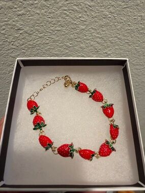 Red Strawberry Charm Bracelet Gold Tone
